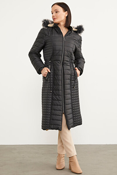 Sementa Faux Fur Hooded Zippered Long Coat - Black