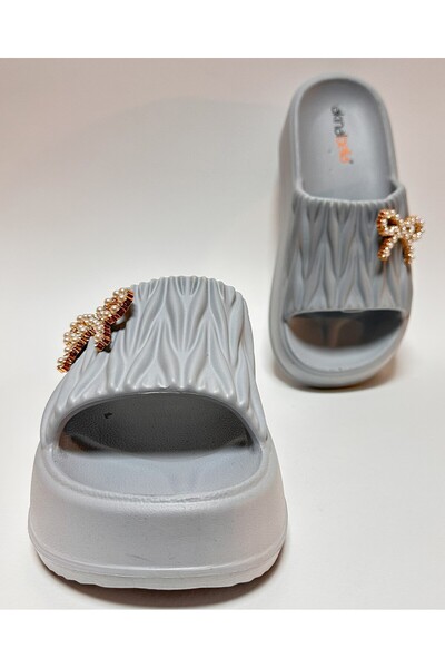 AkınalBella Gray Eva Platform Heel Stone Bow Detail Comfortable and Lightweight Women's Daily Home and Street Slippers