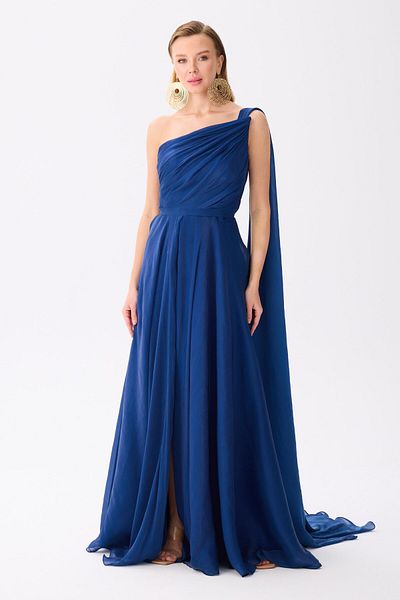 Carmen Navy Blue One Sleeve Satin Evening Dress