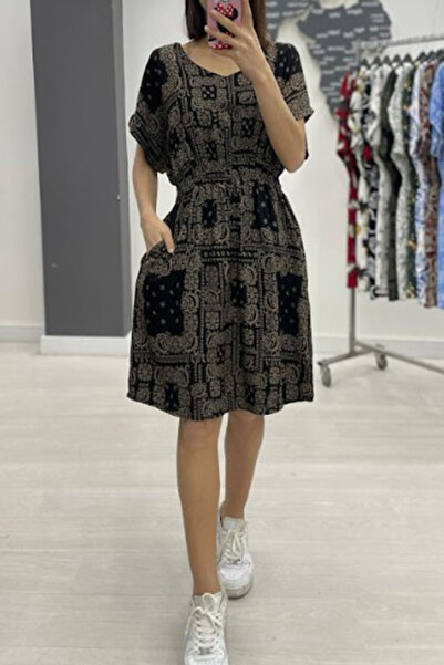 AYASOFYA OTANTIK Γυναικείο μαύρο χρυσό φόρεμα με λαιμόκοψη V με μοτίβο με κον...