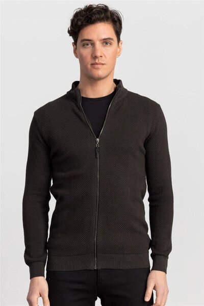 Tudors Men's Patterned Half Turtleneck Zippered Gray Cardigan