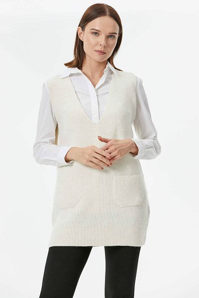 Sementa Deep V-Neck Long Knitwear Sweater with Pockets - Bone