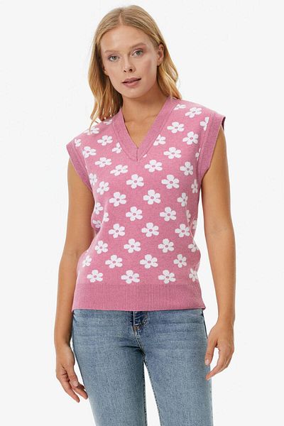 Sementa V-Neck Floral Motif Knitwear Sweater - Pink