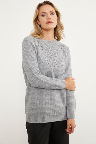 Sementa Pulover din tricot Fagure cu Motiv Frunze - Gri