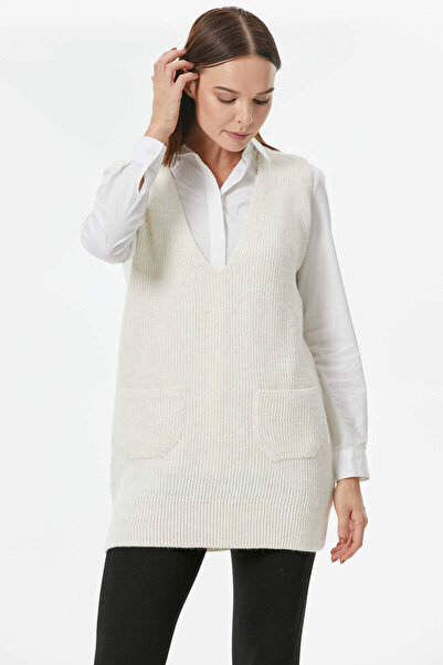 Sementa Дългий трикотажный свитер с глубоким V-образным вырезом и карманами - Костный