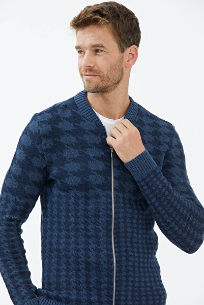 Sementa Fermuarlı Blok Desenli Triko Hırka Indigo