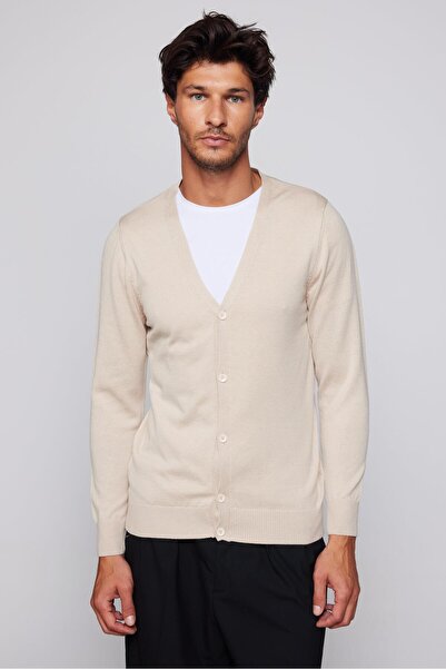 Tudors Erkek Slim Fit Düğmeli Düz Pamuk Bej Hırka