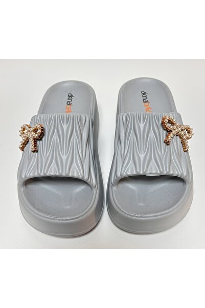AkınalBella Gray Eva Platform Heel Stone Bow Detail Comfortable and Lightweight Women's Daily Home and Street Slippers