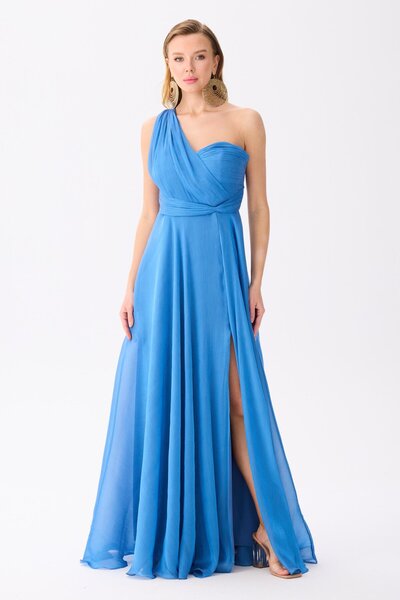 Carmen İndigo Tek Kol Yırtmaçlı Şifon Abiye Elbise