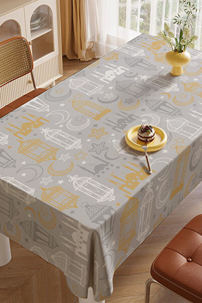 EsnafAli مفرش طاولة بتصميم رمضان باللون الرمادي والأصفر