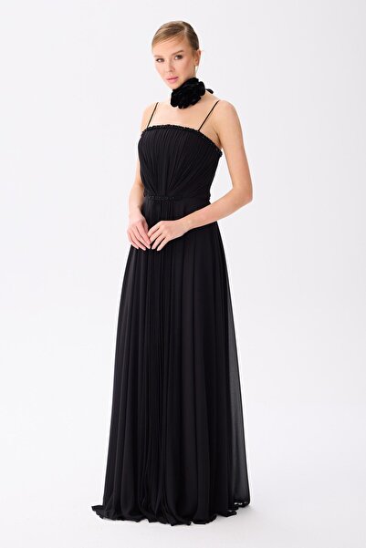 Carmen Black Strap Embroidered Chiffon Evening Dress