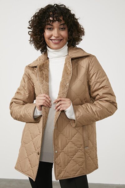 Sementa Quilted Comfortable Fit Plush Coat - Camel