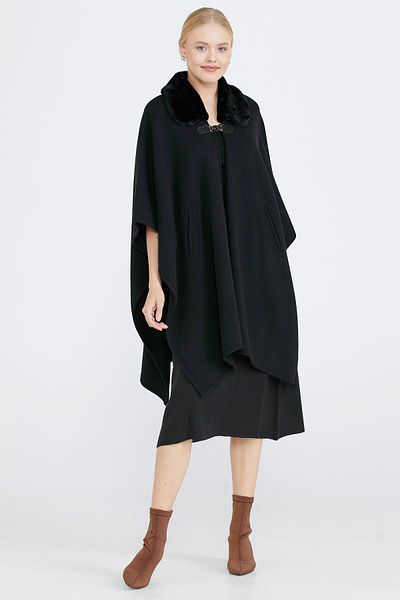 Sementa Women's Faux Fur Detailed Knitwear Poncho - Black