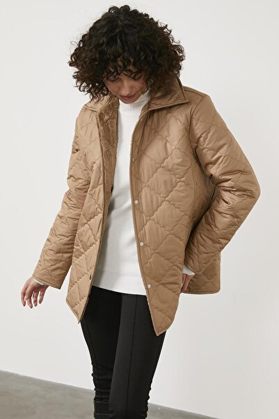 Sementa Quilted Comfortable Fit Plush Coat - Camel