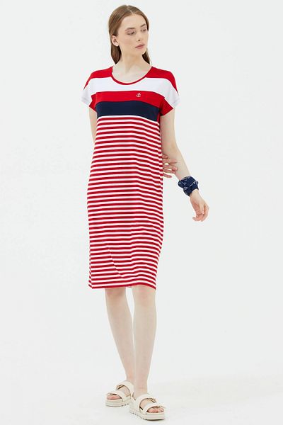 Sementa Crew Neck Midi Length Marine Dress - Red