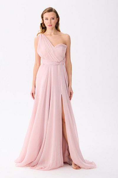 Carmen Powder One Sleeve Chiffon Evening Dress