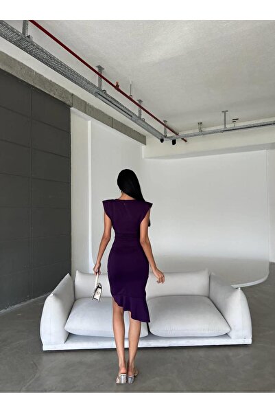 Modafeminen Kruvaze Yaka Scuba Volanlı Elbise Mor 581663