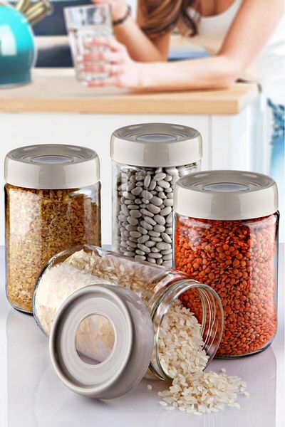 HOMENIVA 4 Pieces Flat Lid Glass Jar Set'With Spoon Gift' 660 ml