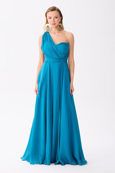 Carmen Petrol One Sleeve Slit Chiffon Evening Dress