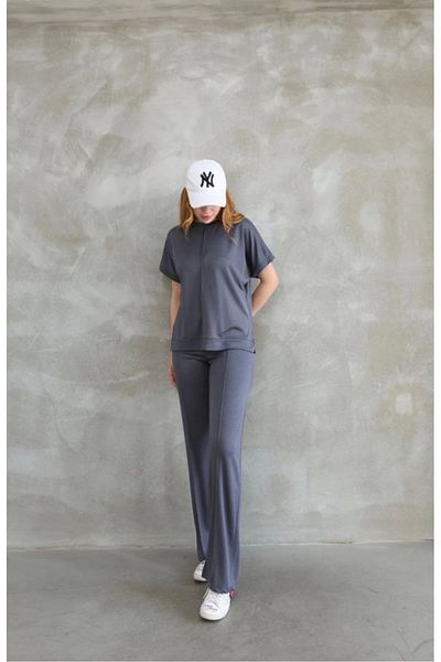 Modayakamoz Osy Modal Soft Textured Fabric Crew Neck Stone Detailed Short Sleeve Set - Gray