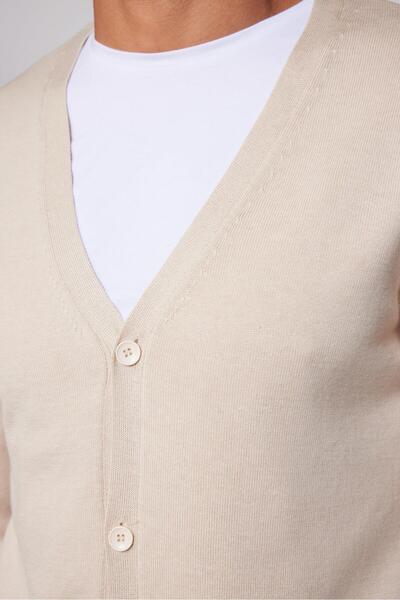 Tudors Erkek Slim Fit Düğmeli Düz Pamuk Bej Hırka