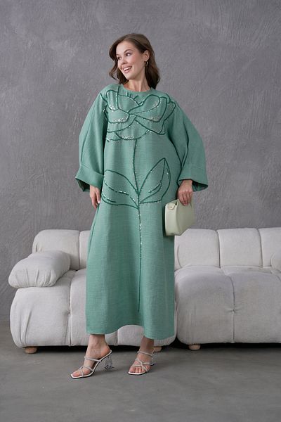 Miss Allos Women's Sequin Embroidered Wide Fit Long Linen Dress