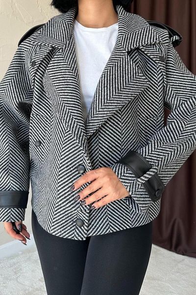 Miracle Omni Gray Striped Leather Garnished Jacket