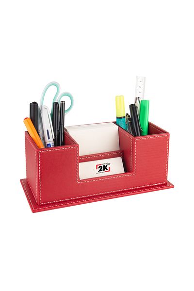 2K Desktop Leather Organizer Pen Holder 4 Compartments Desktop Organizer Rainbow Vegan 10X12X25 Cm. Red