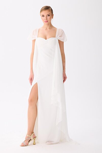 Carmen Beyaz Pelerinli Şifon Dış Çekim Elbisesi