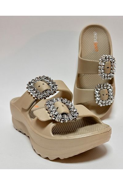 AkınalBella Adjustable Double Buckle Stone Detail Beige Eva Platform Heel Women's Daily Home and Street Slippers