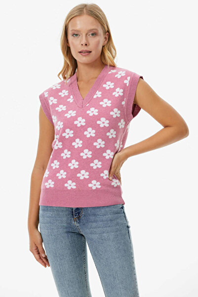 Sementa V-Neck Floral Motif Knitwear Sweater - Pink