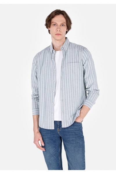 Colin's Slim Fit Shirt Neck Çizgili Erkek Yeşil Uzun Kol Gömlek