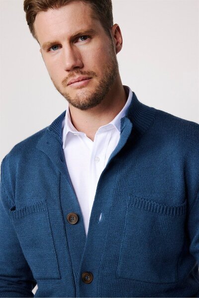 Tudors Erkek Slim Fit Dik Yaka Düğmeli Çift Cepli Petrol Hırka