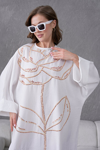 Miss Allos Women's Sequin Embroidered Wide Fit Long Linen Dress