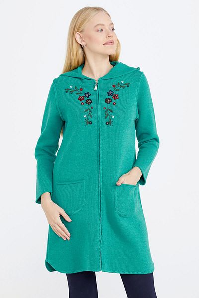 Sementa Jachetă de damă cu glugă cu model de broderie - verde