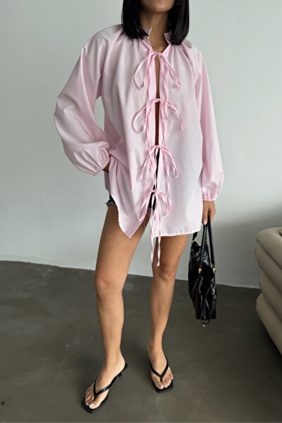 ALPACO Cămașă din poplin cu guler înalt și detaliu cu șnur la față - Roz - COLECȚIE