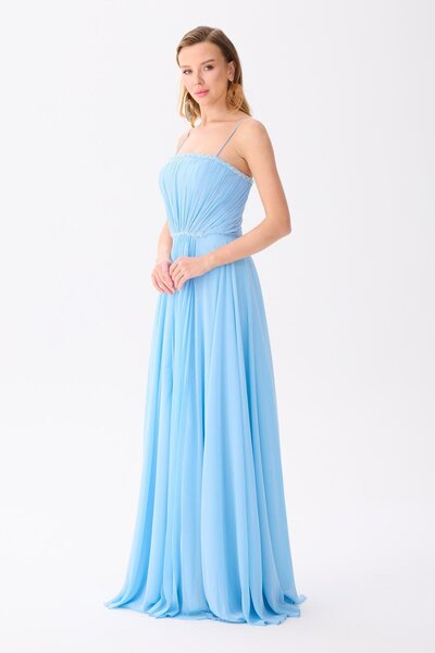 Carmen Bebe Mavi Askılı İşlemeli Şifon Abiye Elbise