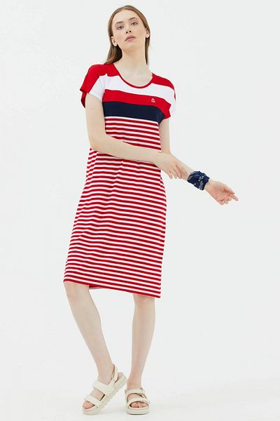 Sementa Crew Neck Midi Length Marine Dress - Red