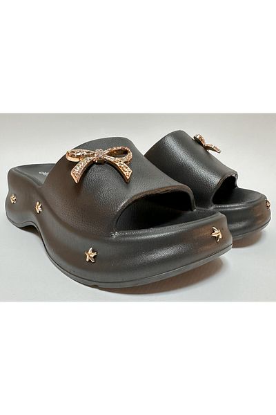 AkınalBella Black Eva Platform Heel Stone Bow and Star Staple Detail Women's Daily Home and Street Slippers