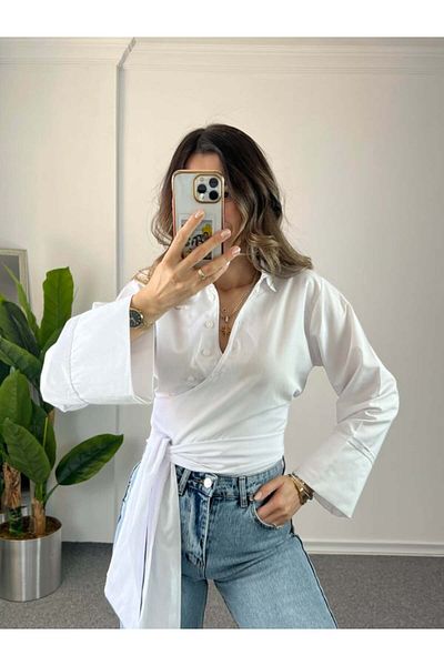 fmnbutik spaniolă cu mânecă evazată cu nasturi încrucișați design cu detalii Pinterest echivalent cămașă cu curea lată cu talie