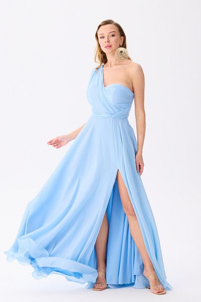 Carmen Blue One Sleeve Chiffon Evening Dress