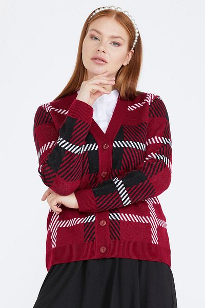 Sementa Patterned V-Neck Women's Knitwear Cardigan - Red