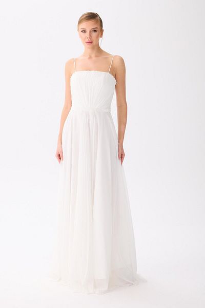 Carmen White Strap Embroidered Chiffon Outer Shooting Dress