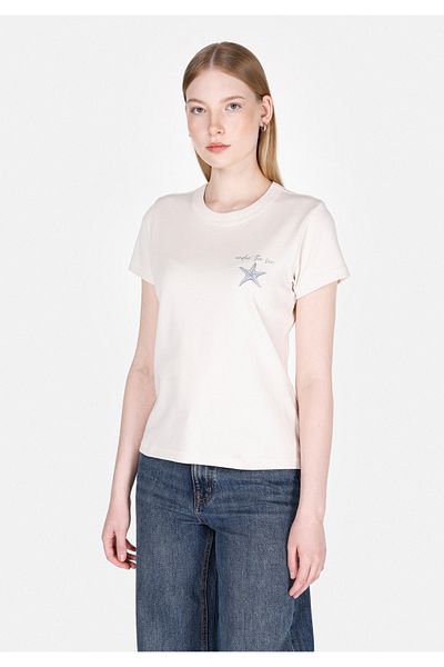 Colin's Slim Fit Round Neck Printed Women's White Short Sleeve T-Shirt