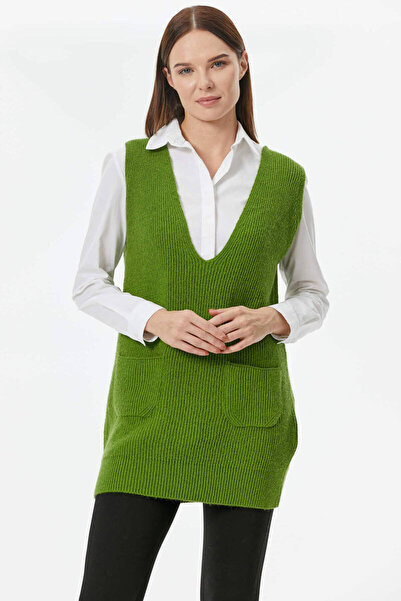 Sementa Deep V-Neck Long Knitwear Sweater with Pockets - Green