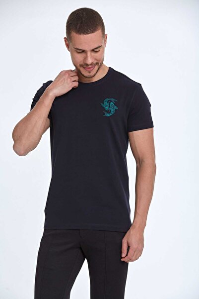 Voltaj Бавовняна футболка з велосипедним коміром і вишивкою рибок, темно-синя