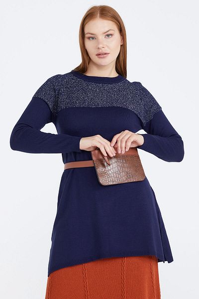 Sementa Null Collar Glittery Knitwear Women's Tunic - Navy Blue