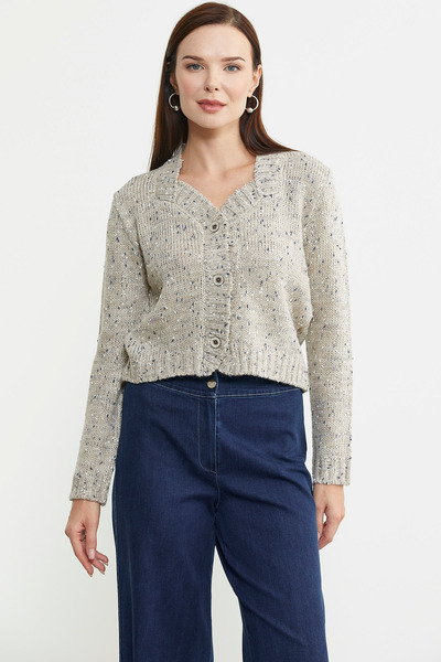 Sementa Kırçıllı Yaka Detaylı Yünlü Triko Hırka - Bej