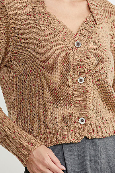 Sementa Camel Colored Grizzled Collar Wool Knitwear Cardigan