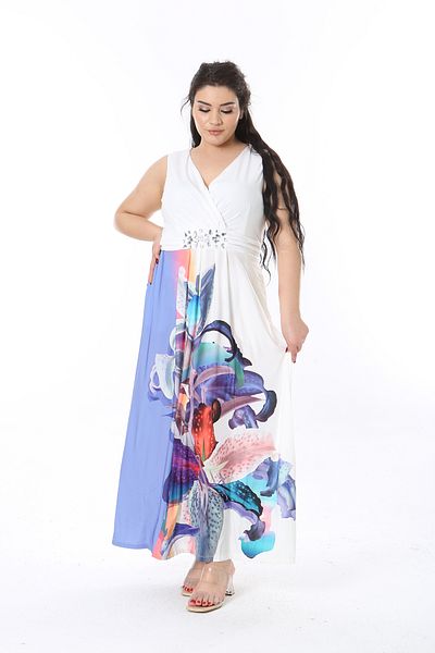 Şans Rochie lungă pentru femei, mărime mare, cu detaliu de piatră colorată, cu gât înfășurat 65N38775